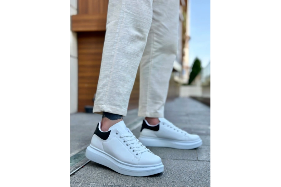 Shoecide Sb0547 Boa Kalın Yüksek Taban Beyaz Siyah Bağcıklı Spor Erkek Ayakkabı