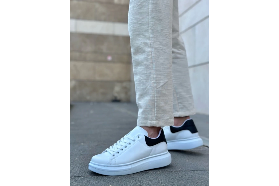 Shoecide Sb0547 Boa Kalın Yüksek Taban Beyaz Siyah Bağcıklı Spor Erkek Ayakkabı