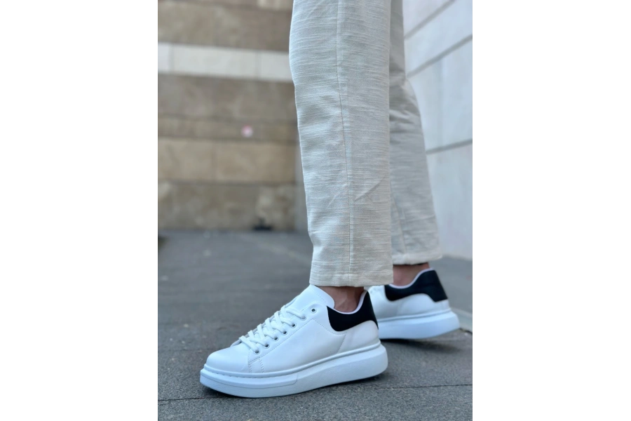 Shoecide Sb0547 Boa Kalın Yüksek Taban Beyaz Siyah Bağcıklı Spor Erkek Ayakkabı