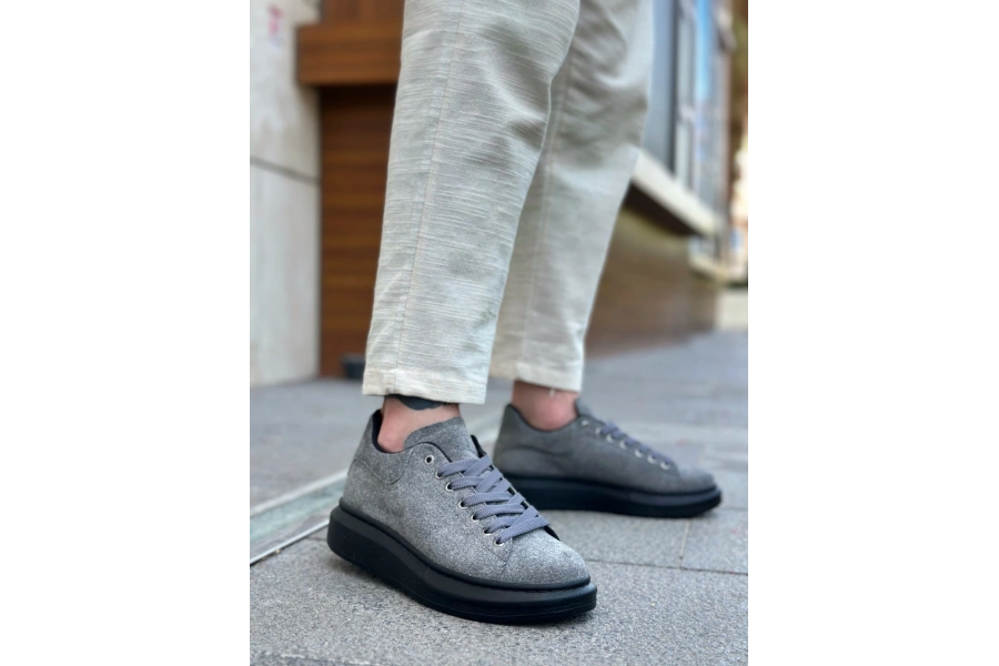 Shoecide Sb0547 Boa Kalın Yüksek Taban Gri Siyah Süet Bağcıklı Spor Erkek Ayakkabı