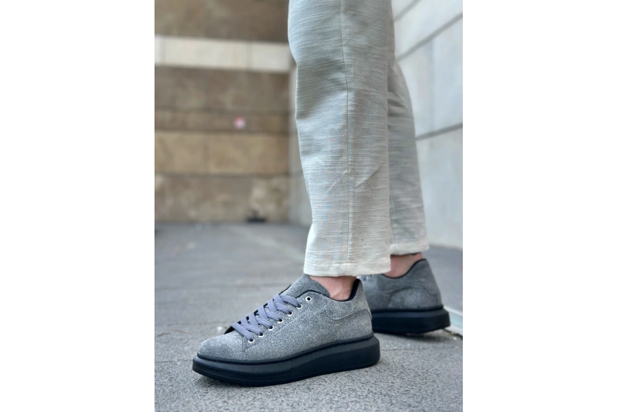 Shoecide Sb0547 Boa Kalın Yüksek Taban Gri Siyah Süet Bağcıklı Spor Erkek Ayakkabı