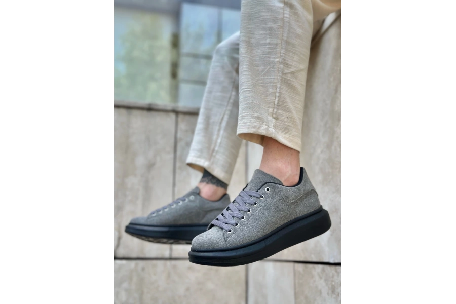 Shoecide Sb0547 Boa Kalın Yüksek Taban Gri Siyah Süet Bağcıklı Spor Erkek Ayakkabı