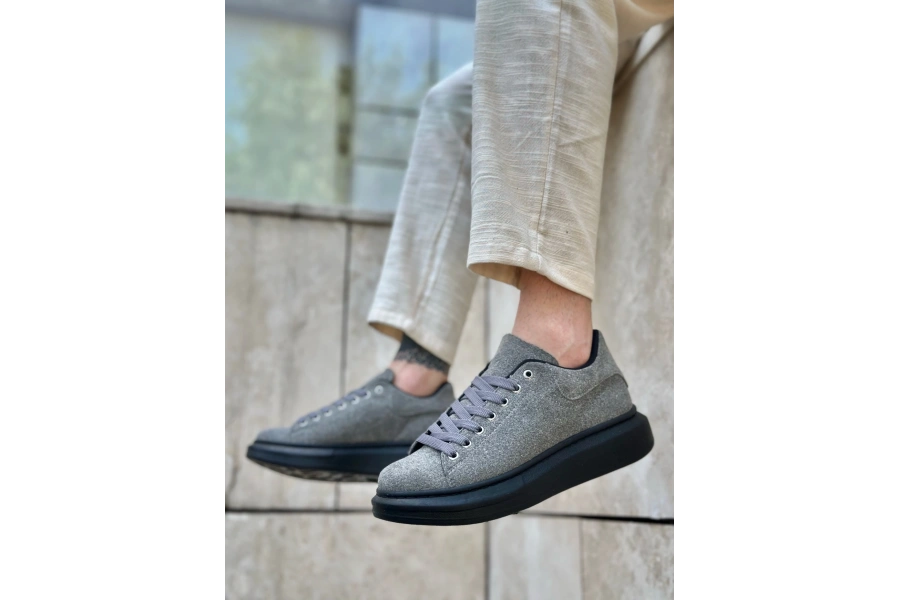 Shoecide Sb0547 Boa Kalın Yüksek Taban Gri Siyah Süet Bağcıklı Spor Erkek Ayakkabı