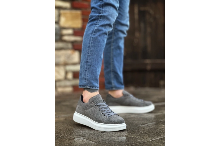 Shoecide Sb0547 Boa Kalın Yüksek Taban Gri Süet Bağcıklı Spor Erkek Ayakkabı
