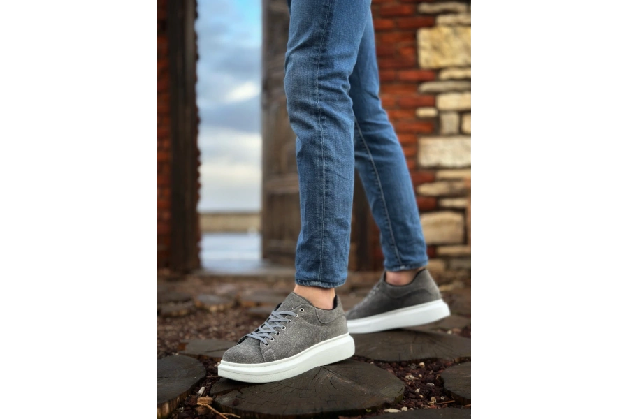 Shoecide Sb0547 Boa Kalın Yüksek Taban Gri Süet Bağcıklı Spor Erkek Ayakkabı