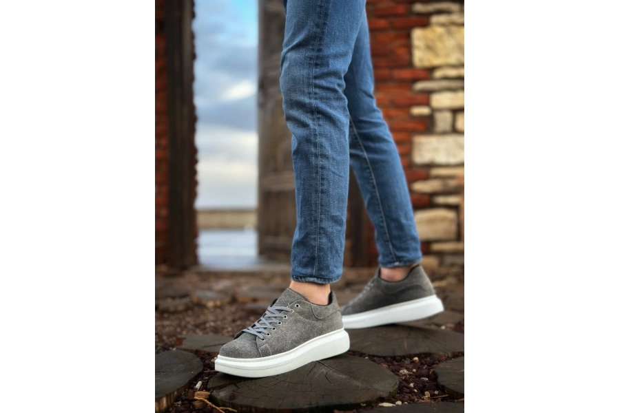 Shoecide Sb0547 Boa Kalın Yüksek Taban Gri Süet Bağcıklı Spor Erkek Ayakkabı