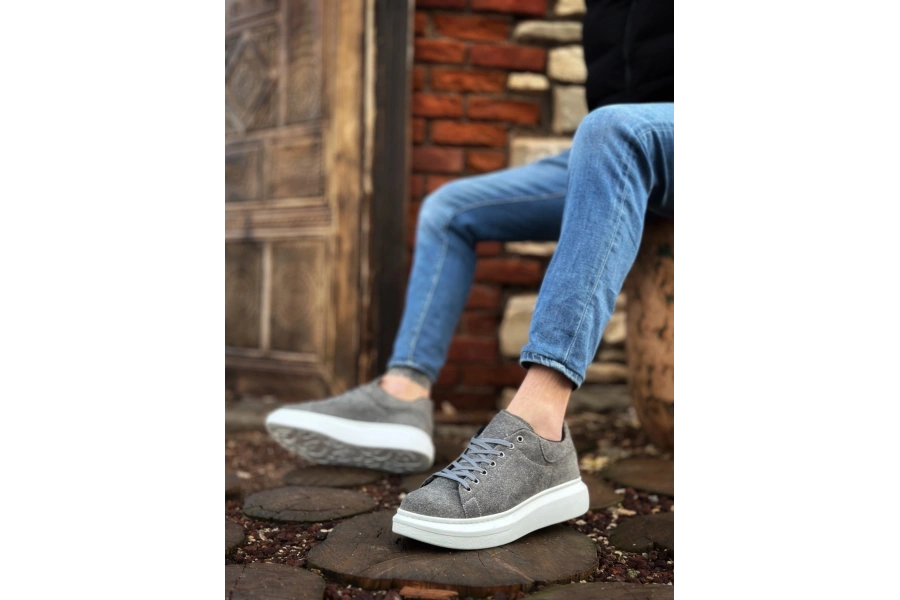 Shoecide Sb0547 Boa Kalın Yüksek Taban Gri Süet Bağcıklı Spor Erkek Ayakkabı