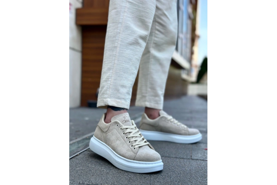 Shoecide Sb0547 Boa Kalın Yüksek Taban Krem Süet Bağcıklı Spor Erkek Ayakkabı
