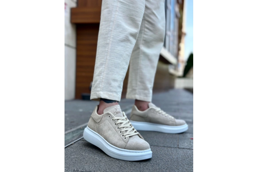 Shoecide Sb0547 Boa Kalın Yüksek Taban Krem Süet Bağcıklı Spor Erkek Ayakkabı