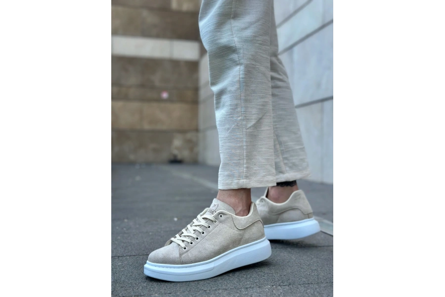 Shoecide Sb0547 Boa Kalın Yüksek Taban Krem Süet Bağcıklı Spor Erkek Ayakkabı