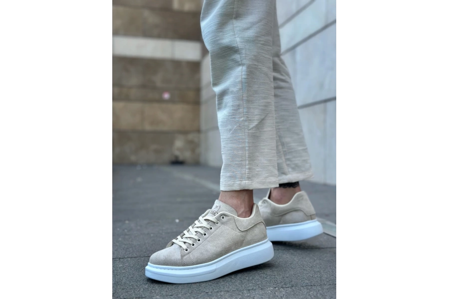Shoecide Sb0547 Boa Kalın Yüksek Taban Krem Süet Bağcıklı Spor Erkek Ayakkabı