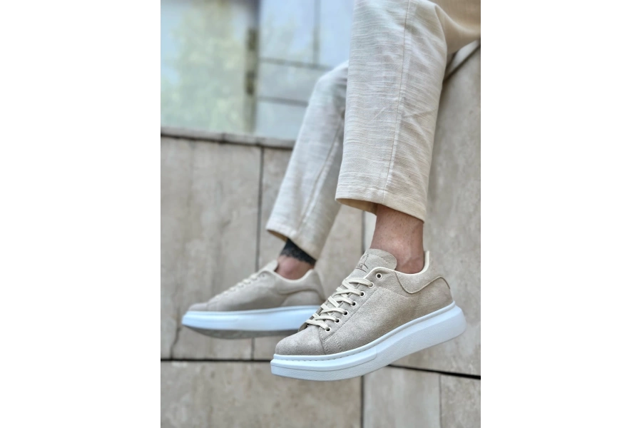 Shoecide Sb0547 Boa Kalın Yüksek Taban Krem Süet Bağcıklı Spor Erkek Ayakkabı