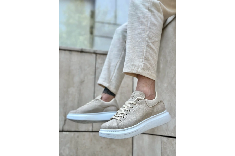 Shoecide Sb0547 Boa Kalın Yüksek Taban Krem Süet Bağcıklı Spor Erkek Ayakkabı