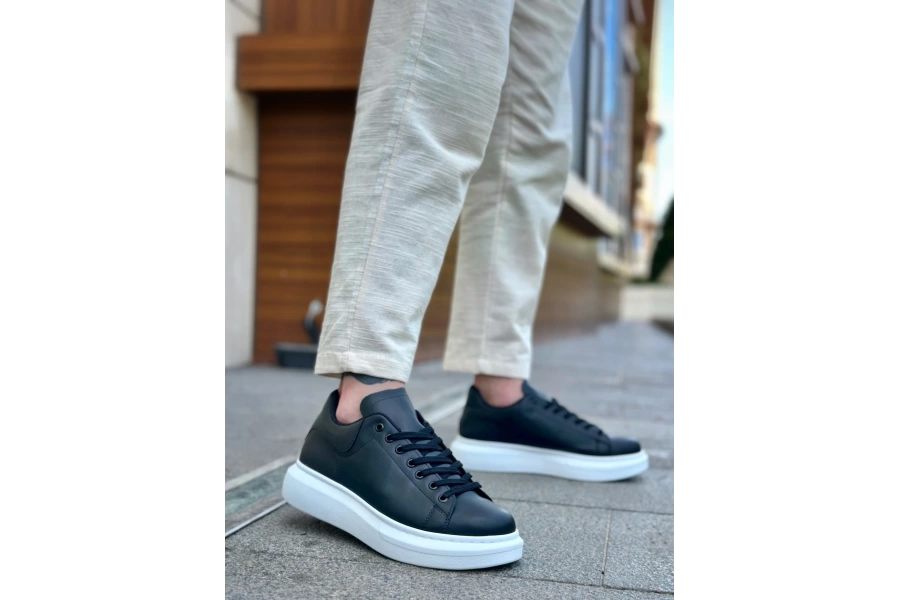 Shoecide Sb0547 Boa Kalın Yüksek Taban Siyah Beyaz Bağcıklı Spor Erkek Ayakkabı