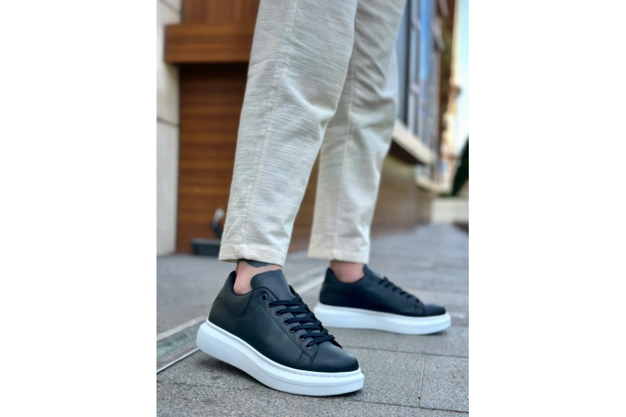 Shoecide Sb0547 Boa Kalın Yüksek Taban Siyah Beyaz Bağcıklı Spor Erkek Ayakkabı