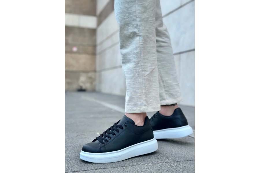 Shoecide Sb0547 Boa Kalın Yüksek Taban Siyah Beyaz Bağcıklı Spor Erkek Ayakkabı