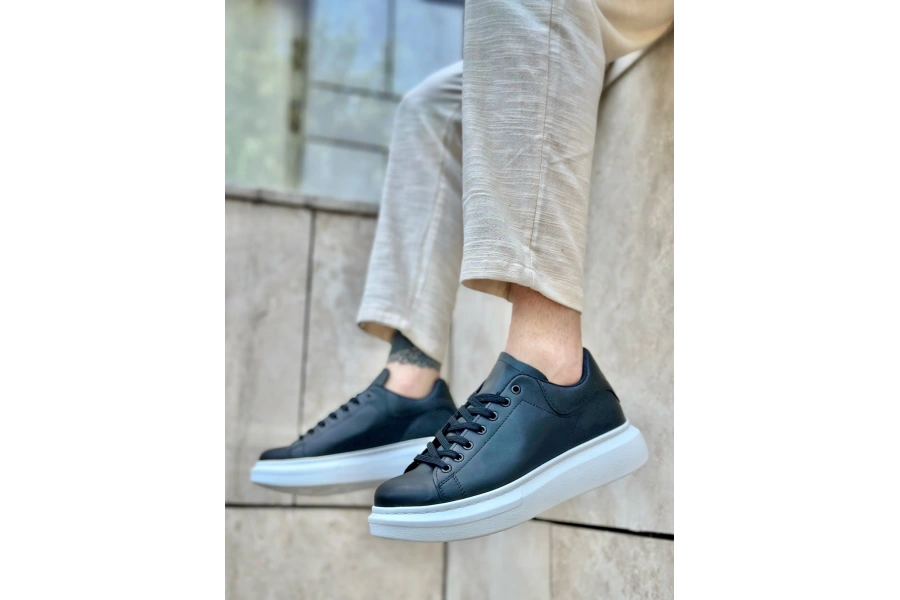 Shoecide Sb0547 Boa Kalın Yüksek Taban Siyah Beyaz Bağcıklı Spor Erkek Ayakkabı