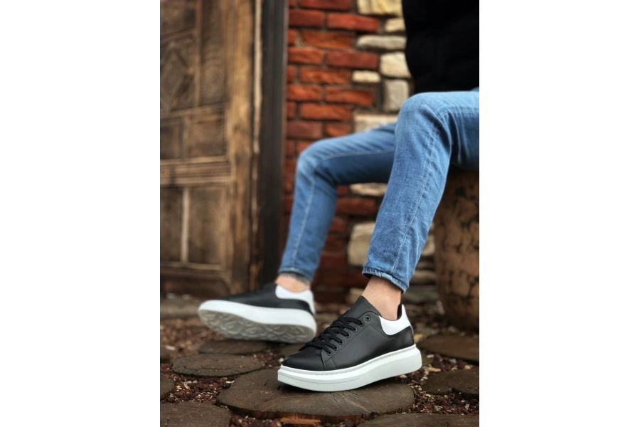 Shoecide Sb0547 Boa Kalın Yüksek Taban Siyah Beyaz Parça Detay Bağcıklı Spor Erkek Ayakkabı