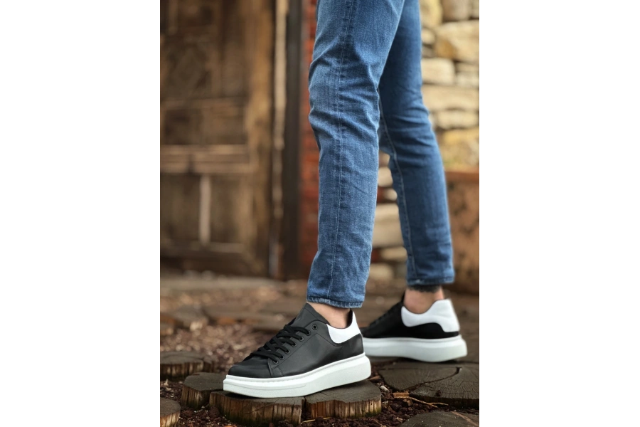 Shoecide Sb0547 Boa Kalın Yüksek Taban Siyah Beyaz Parça Detay Bağcıklı Spor Erkek Ayakkabı