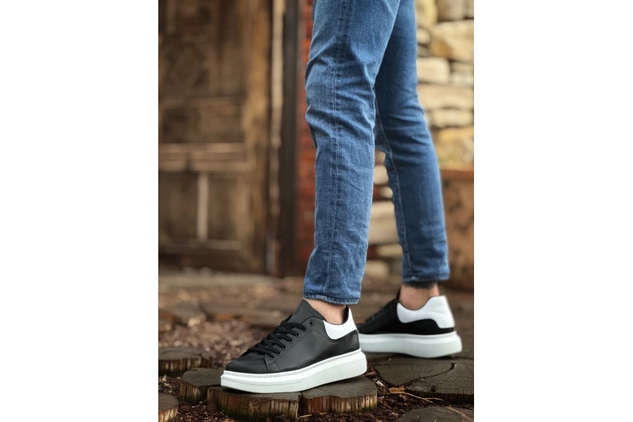 Shoecide Sb0547 Boa Kalın Yüksek Taban Siyah Beyaz Parça Detay Bağcıklı Spor Erkek Ayakkabı
