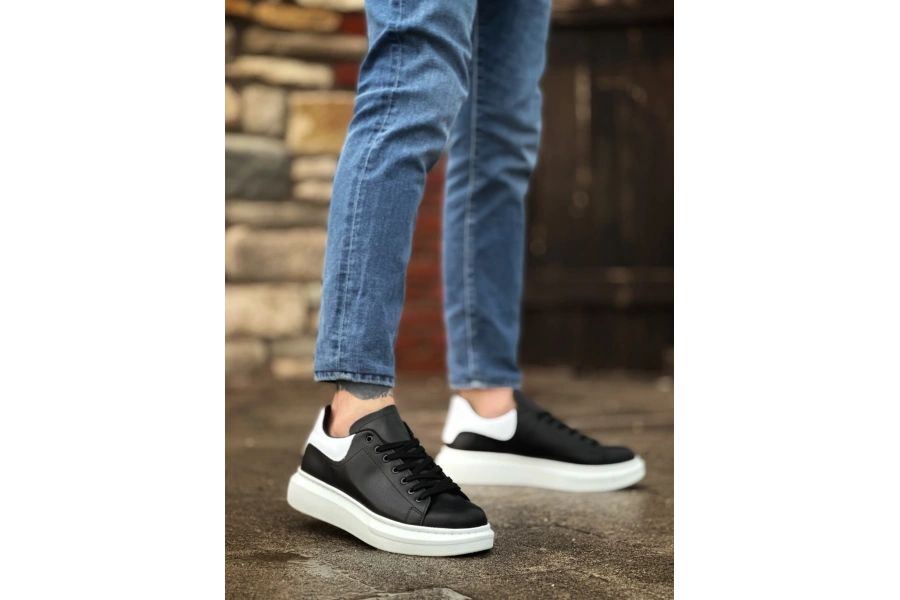 Shoecide Sb0547 Boa Kalın Yüksek Taban Siyah Beyaz Parça Detay Bağcıklı Spor Erkek Ayakkabı