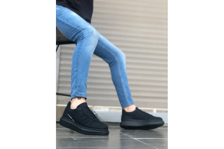 Shoecide Sb0548 Boa Kalın Yan Desenli Yüksek Siyah Taban Siyah Bağcıklı Spor Erkek Ayakkabı