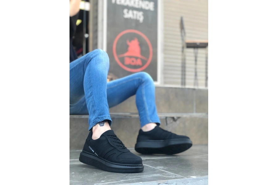 Shoecide Sb0548 Boa Kalın Yan Desenli Yüksek Siyah Taban Siyah Bağcıklı Spor Erkek Ayakkabı