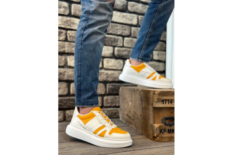 Shoecide Sb0548 Boa Kalın Yüksek Beyaz Hardal Beyaz Taban Bağcıklı Spor Erkek Ayakkabı