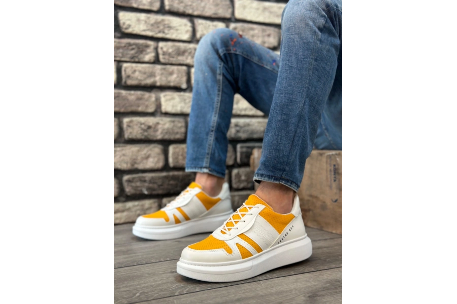 Shoecide Sb0548 Boa Kalın Yüksek Beyaz Hardal Beyaz Taban Bağcıklı Spor Erkek Ayakkabı