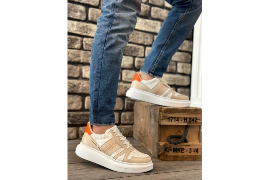Shoecide Sb0548 Boa Kalın Yüksek Krem Beyaz Taban Beyaz Bağcıklı Spor Erkek Ayakkabı