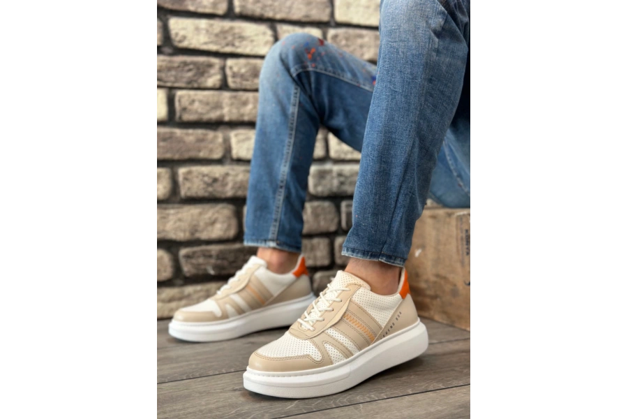 Shoecide Sb0548 Boa Kalın Yüksek Krem Beyaz Taban Beyaz Bağcıklı Spor Erkek Ayakkabı