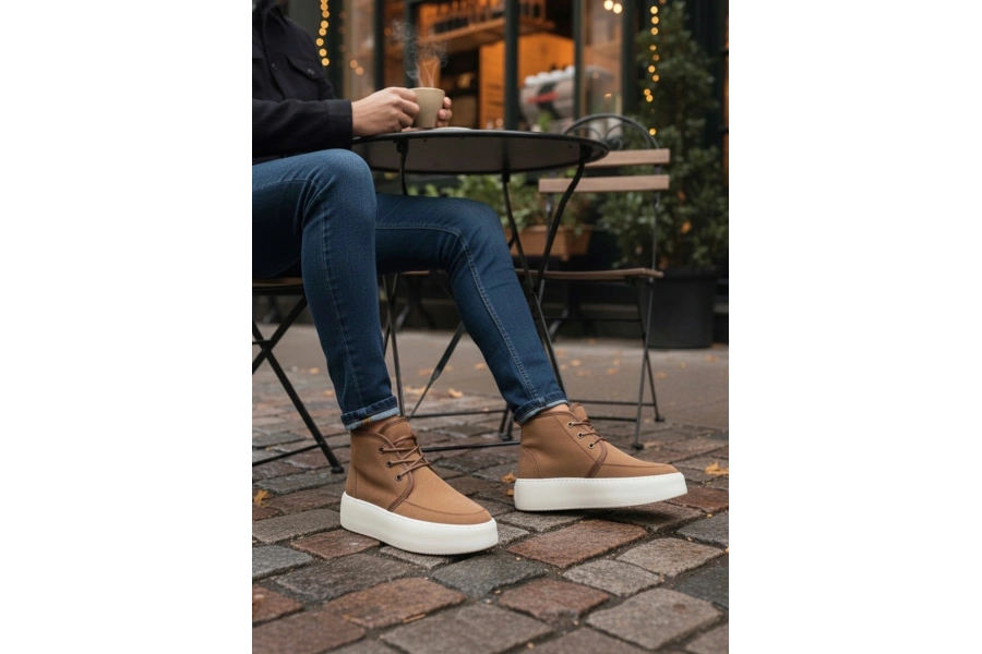 Shoecide Sb0550 İçi Kürklü Bağcıklı Taba Krem Taban Erkek Tarz Spor Bot