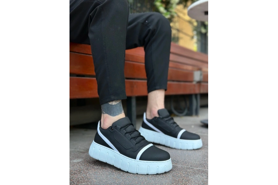 Shoecide Sb0666 Boa Siyah Beyaz Yüksek Taban Erkek Günlük Ayakkabı