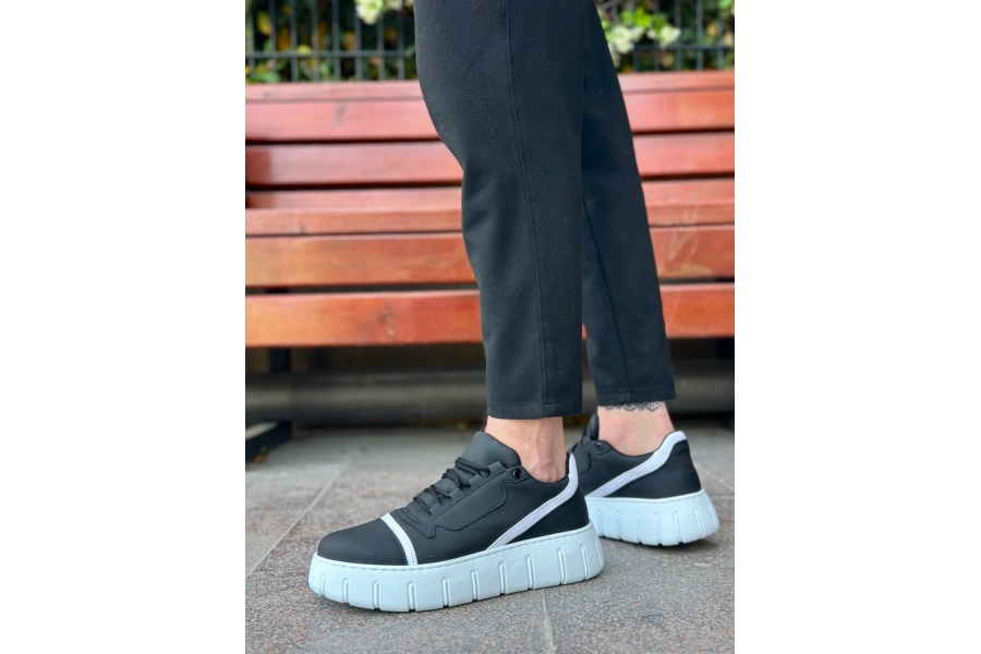 Shoecide Sb0666 Boa Siyah Beyaz Yüksek Taban Erkek Günlük Ayakkabı