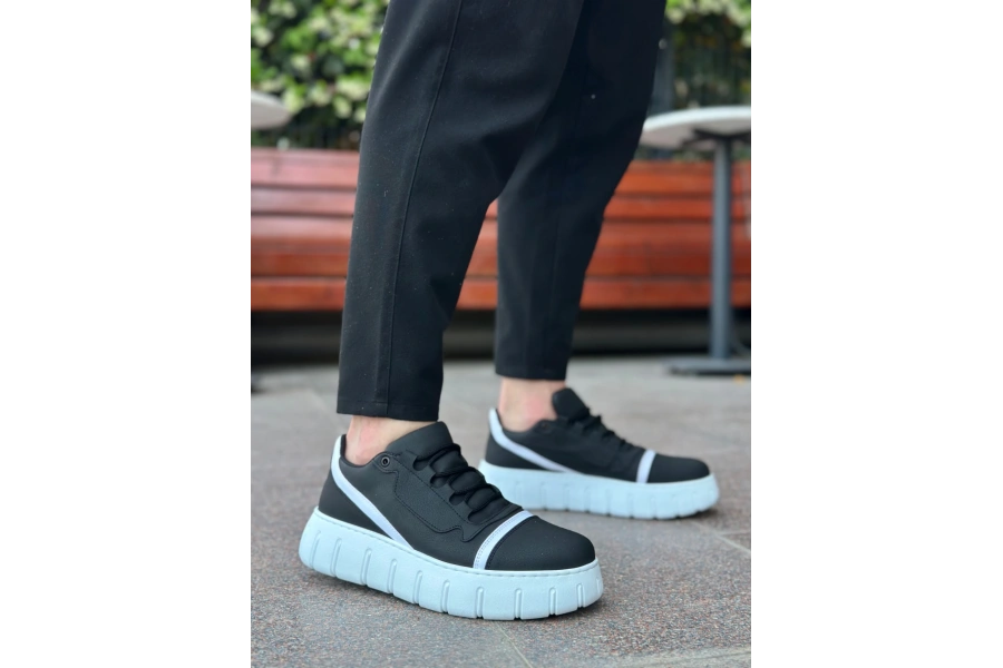 Shoecide Sb0666 Boa Siyah Beyaz Yüksek Taban Erkek Günlük Ayakkabı