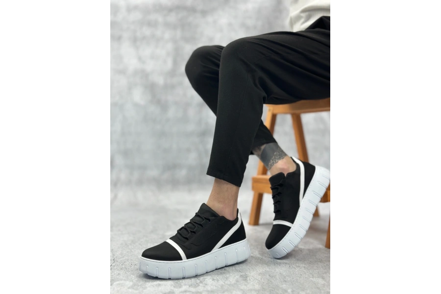 Shoecide Sb0666 Boa Siyah Beyaz Yüksek Taban Erkek Günlük Ayakkabı