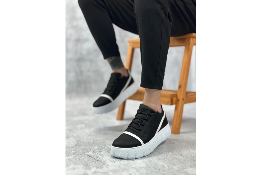 Shoecide Sb0666 Boa Siyah Beyaz Yüksek Taban Erkek Günlük Ayakkabı