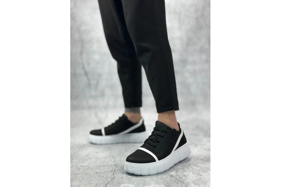 Shoecide Sb0666 Boa Siyah Beyaz Yüksek Taban Erkek Günlük Ayakkabı