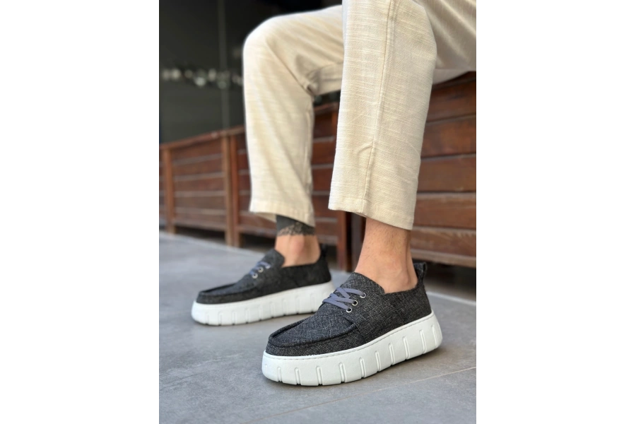 Shoecide Sb0676 Boa Gri Keten Yüksek Taban Erkek Yazlık Ayakkabı