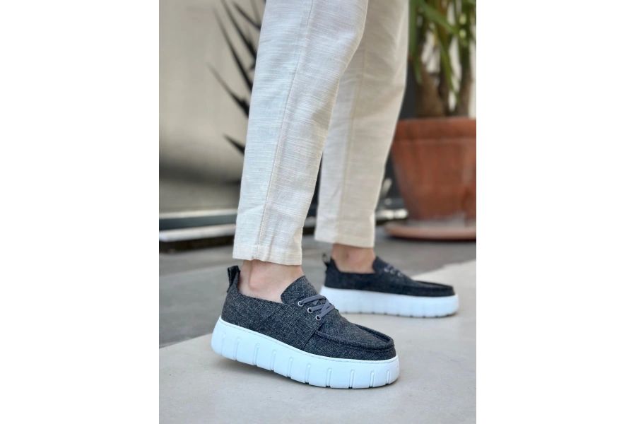 Shoecide Sb0676 Boa Gri Keten Yüksek Taban Erkek Yazlık Ayakkabı