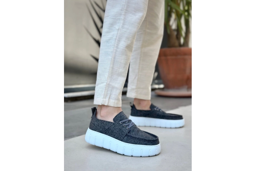 Shoecide Sb0676 Boa Gri Keten Yüksek Taban Erkek Yazlık Ayakkabı