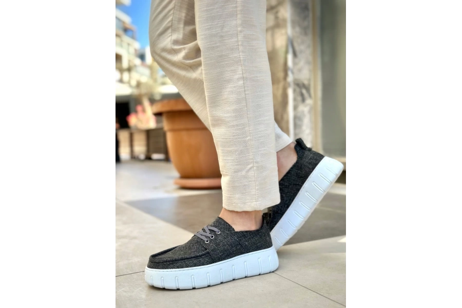 Shoecide Sb0676 Boa Gri Keten Yüksek Taban Erkek Yazlık Ayakkabı