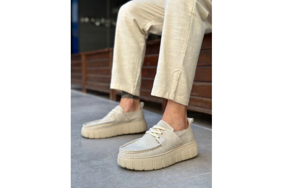 Shoecide Sb0676 Boa Krem Keten Yüksek Taban Erkek Yazlık Ayakkabı