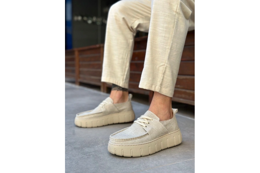 Shoecide Sb0676 Boa Krem Keten Yüksek Taban Erkek Yazlık Ayakkabı