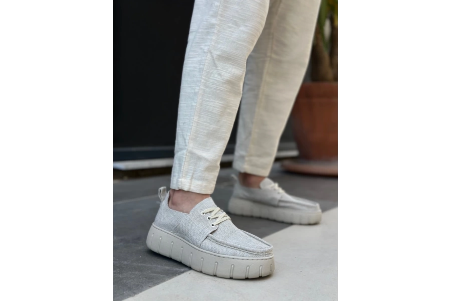 Shoecide Sb0676 Boa Krem Keten Yüksek Taban Erkek Yazlık Ayakkabı