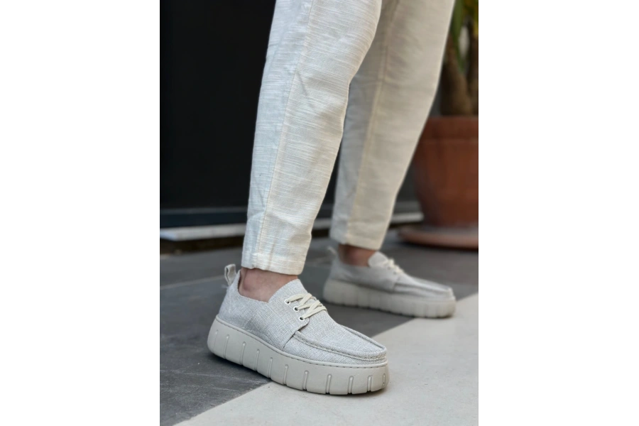 Shoecide Sb0676 Boa Krem Keten Yüksek Taban Erkek Yazlık Ayakkabı