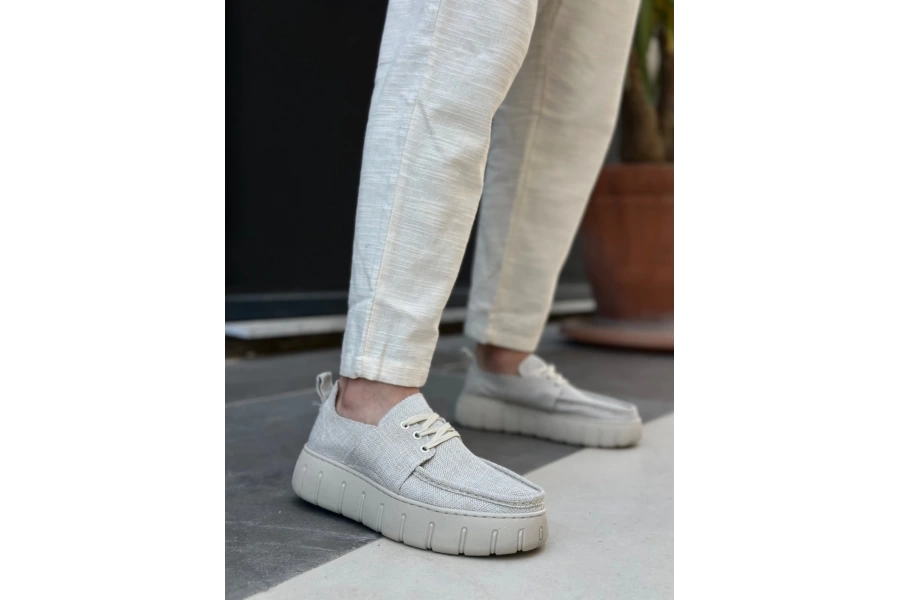 Shoecide Sb0676 Boa Krem Keten Yüksek Taban Erkek Yazlık Ayakkabı
