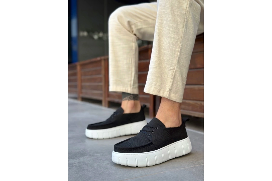 Shoecide Sb0676 Boa Siyah Keten Yüksek Beyaz Taban Erkek Yazlık Ayakkabı