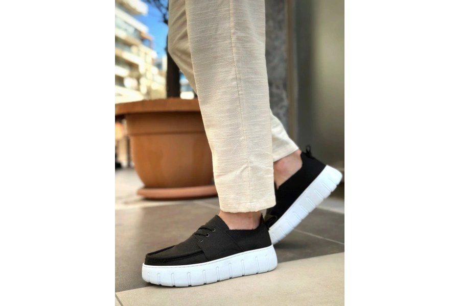Shoecide Sb0676 Boa Siyah Keten Yüksek Beyaz Taban Erkek Yazlık Ayakkabı
