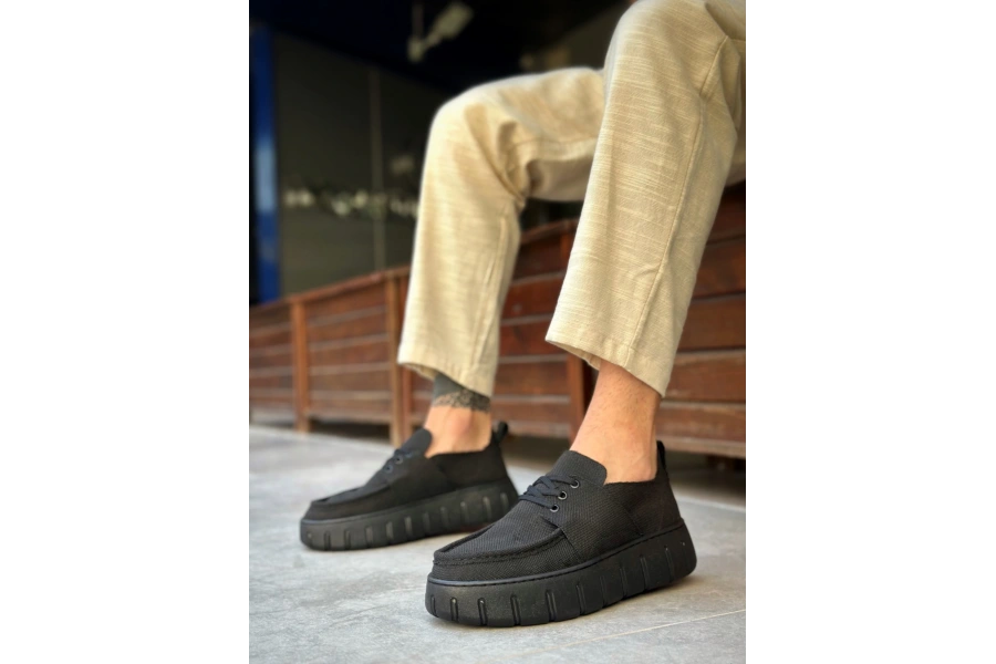 Shoecide Sb0676 Boa Siyah Keten Yüksek Taban Erkek Yazlık Ayakkabı
